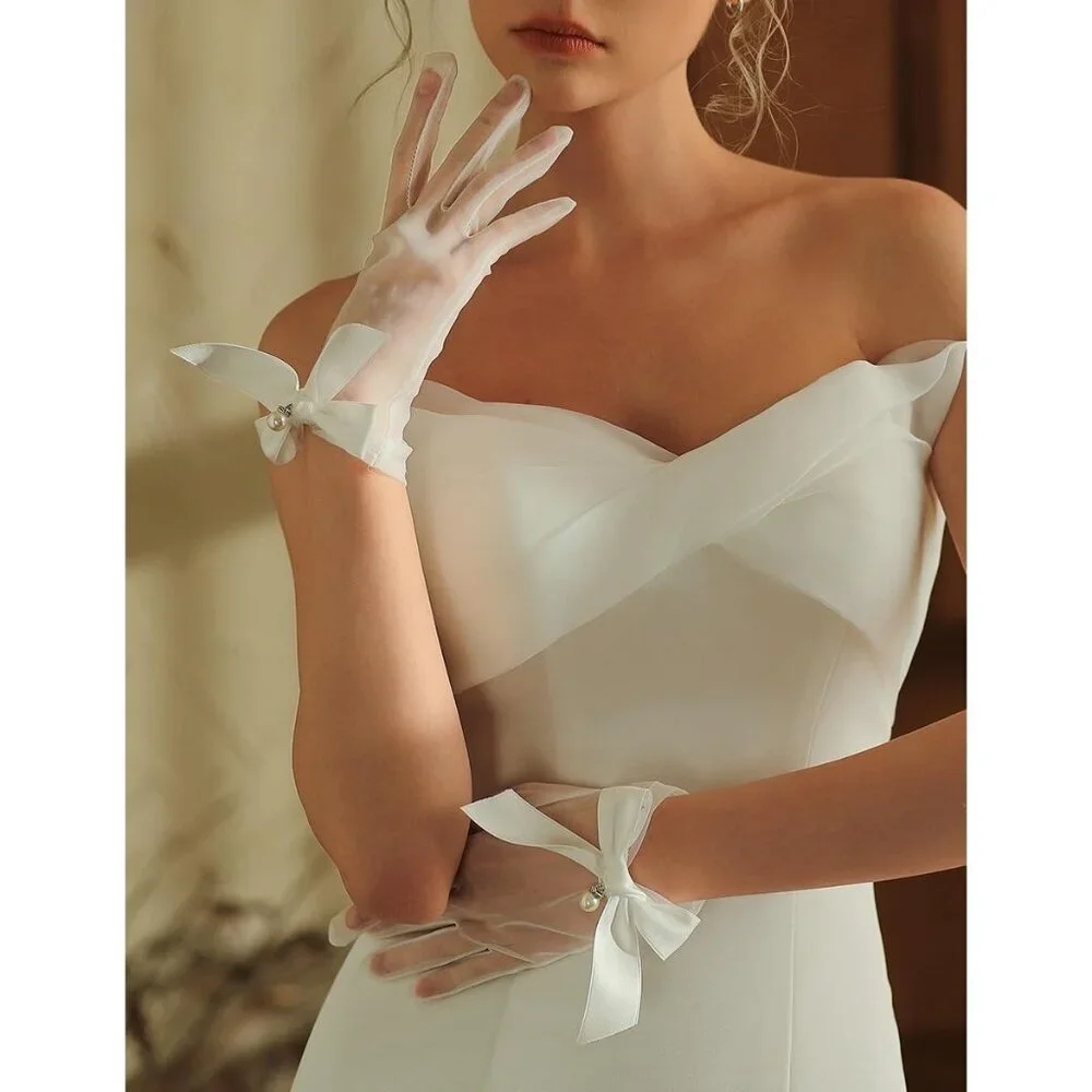 Women's Tulle Mesh Fuchsia Bow Pearl Short Gloves Hallowmas Wedding Accessory